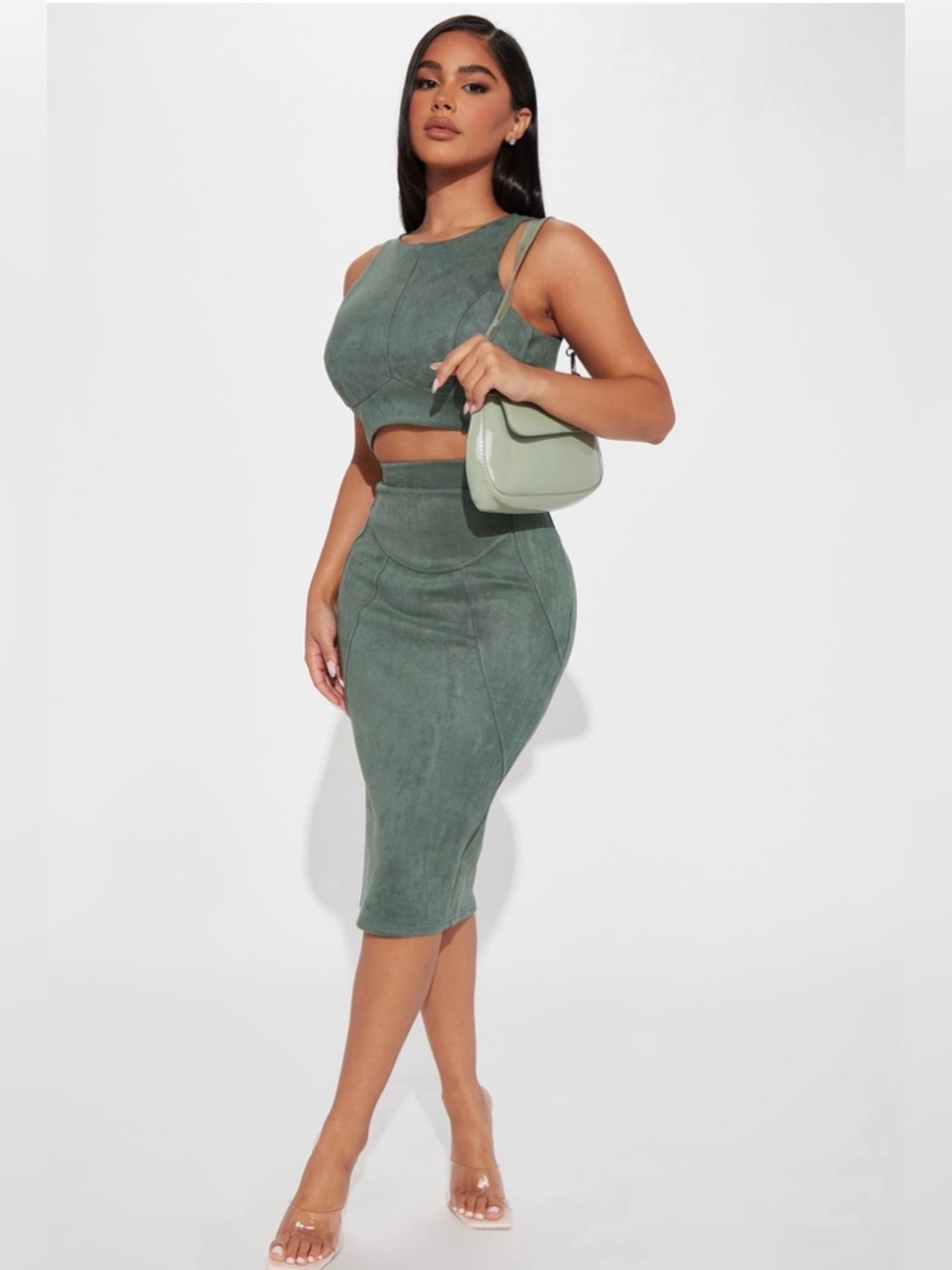 Fashion Nova Green Suede-Texture Crop Tank & Skirt Set - Picture 2 of 6